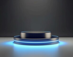 3D rendering product stand pedestral podium platform stage in studio. Modern black and blue shade emission. Abstract minimal product showcase presentation template exhibition advertising event scene.