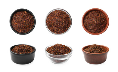 Rooibos tea in bowls isolated on white, set. Top and side view