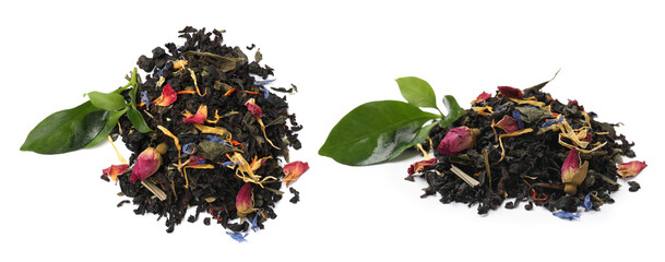 Dried tea leaves isolated on white. Top and side view