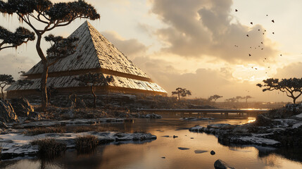 Futuristic pyramid in a serene landscape with water, trees, and birds at sunset, creating a mystical and cinematic atmosphere