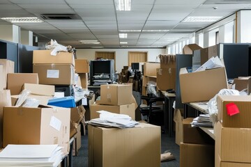 Office relocation, cardboard boxes overflowing, chaotic move