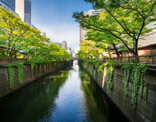 nakameguro riverside walkway road with green trees in tokyo japan