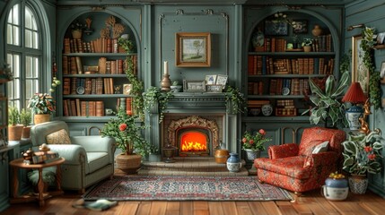 Obraz premium Cozy library with fireplace, bookshelves, armchairs, plants, and antique decor.
