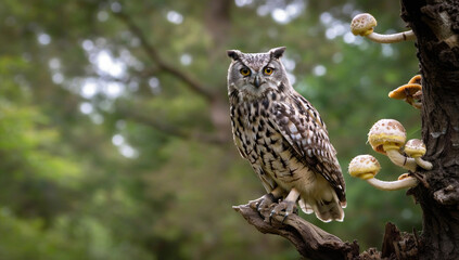 Obraz premium Craft an image of a wise old owl perched on a branch, overlooking a forest floor dotted with various mushrooms.