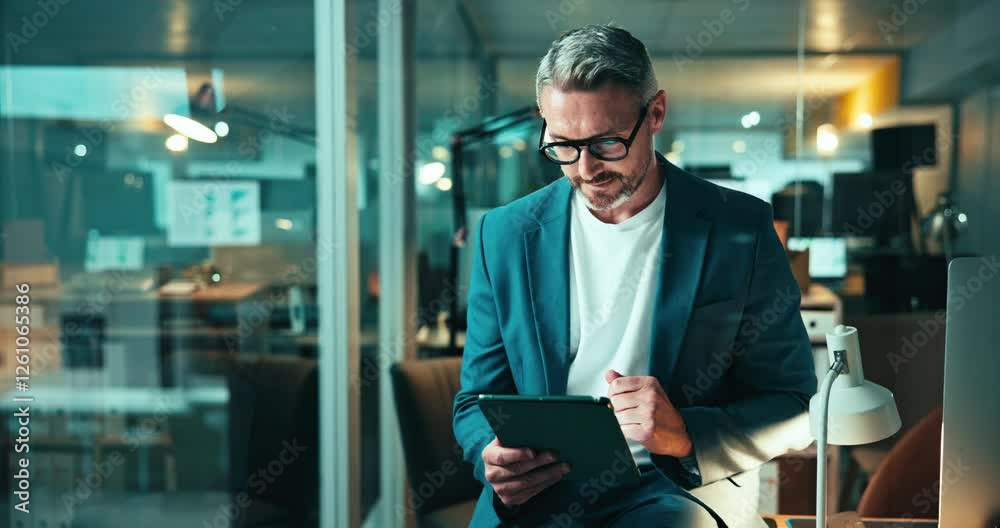 Poster reading, night and man with tablet, office and trader with info for stock market, research and onlin