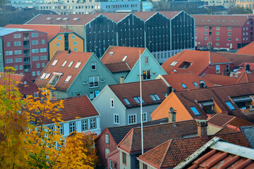 Picture postcard autumn view of the Scandinavian style wooden rooftops in central Trondheim, Norway