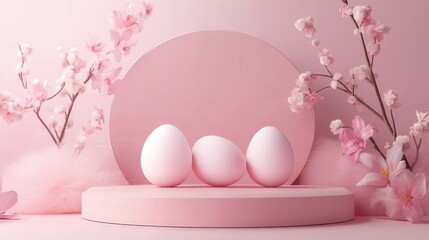 Fototapeta premium Pink Easter Eggs Displayed on Pastel Platform with Flowers
