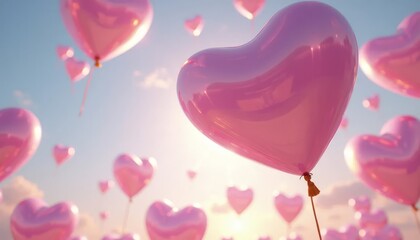 Pink heart shaped balloons on blue sky background. Valentine's day concept.