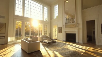 Elegant living room with sunlight streaming through expansive windows creating warmth