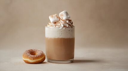 A tempting treat: a glass of creamy beverage with whipped topping & marshmallows, alongside a sugary donut.