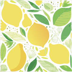 Obraz premium Botanic seamless pattern with yellow lemons and lemon slices. Hand drawn lemons pattern on white background. Fruit repeated background. Vector bright print for fabric, wallpaper, design, party paper.