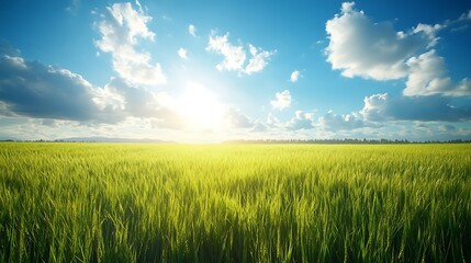 Fototapeta premium Sunny field landscape, green wheat, summer day, peaceful scene