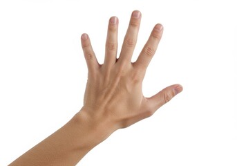 Close-up of open human hand on white background showcasing natural skin texture and fingernails