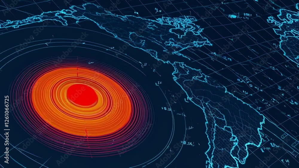 Poster seismic waves spreading across geographic landscape, revealing energy radiating from earthquake epic