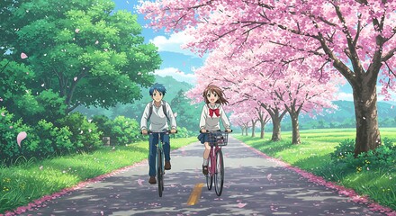 Fototapeta premium Couple Biking Under Cherry Blossoms Anime Style on a Spring Day