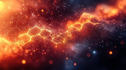 Abstract molecular structure glowing in vibrant orange and blue hues, symbolizing innovation and energy in science and technology.