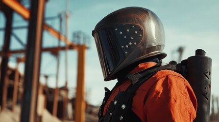 Fototapeta premium Rusty helmet, orange jumpsuit, post-apocalyptic setting