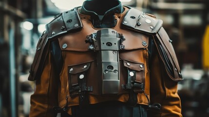 Futuristic brown leather armor, intricate details.