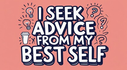 Obraz premium Minimalist graphic: 'I Seek Advice From My Best Self' in bold hand-lettering. Playful doodles: light bulbs, coffee cups, question marks. Coral background, white and navy accents, uplifting vibe.