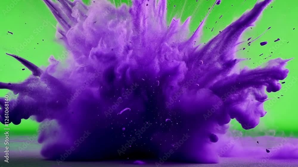 Poster purple powder exploding on a green screen background creating a vibrant burst of color and texture, 