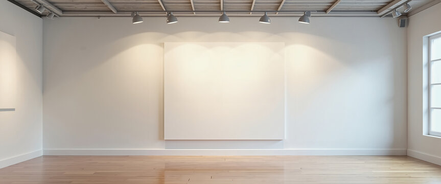 Minimalist art gallery interior with empty canvas, contemporary exhibition space