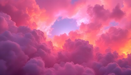 Fototapeta premium Nubes coloridas en tonos de rosa, naranja y morado, con una fuente de luz brillante que se asoma a través de las densas formaciones, creando una escena de cielo espectacular y vibrante