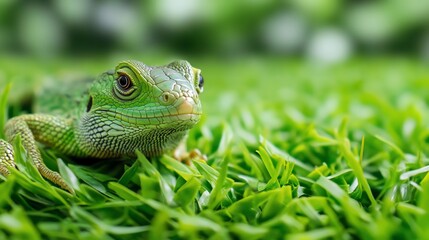 Fototapeta premium Green lizard on grass, garden background, nature closeup