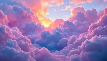 
Nubes coloridas en tonos de rosa, naranja y morado, con una fuente de luz brillante que se asoma a través de las densas formaciones, creando una escena de cielo espectacular y vibrante