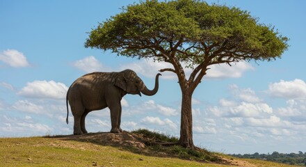 Majestic elephant under acacia tree in serene african landscape