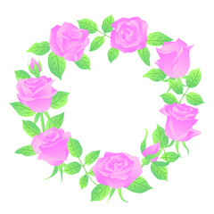Round frame of pink roses. Vector color isolated illustration in flat style with gradient