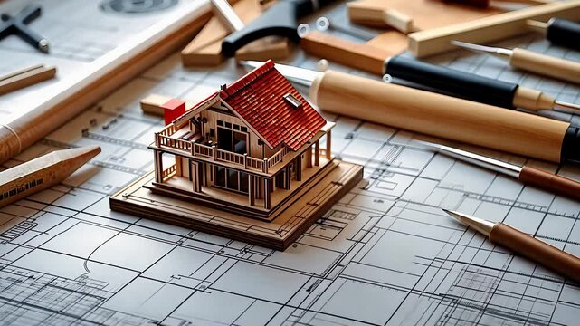 Architectural Model of a House on Blueprints with Measuring Tools and Drafting Equipment for Home Design

