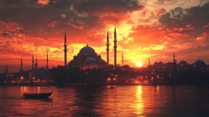 Fototapeta premium Majestic Mosque Silhouette at Sunset Over Water