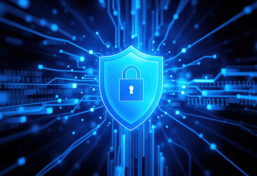 Escudo digital rodeado de código binario flotante, que representa la seguridad de la red
- Powered by Adobe