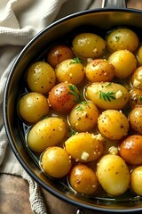 image en gros plan de plein de pommes de terre grenailles baignées dans l'huile d'olive