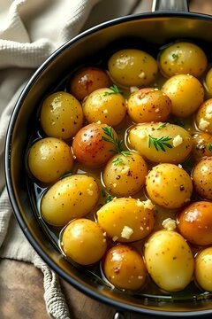 image en gros plan de plein de pommes de terre grenailles baign&eacute;es dans l'huile d'olive