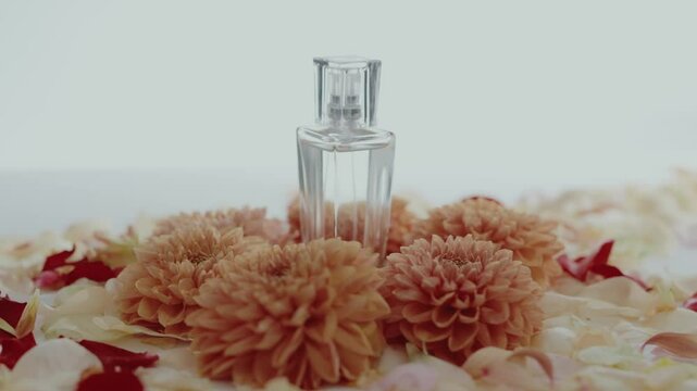 Transparent perfume bottle placed among chrysanthemum flowers and scattered petals. Captures elegance, beauty, and a sense of freshness. Elegant Perfume Bottle