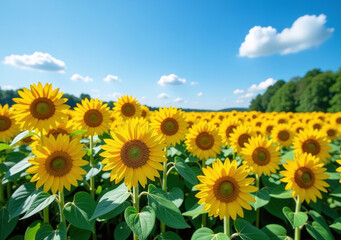 Fototapeta premium sunflower fields offer vibrant colors clear blue sky lush green plants serene garden setting