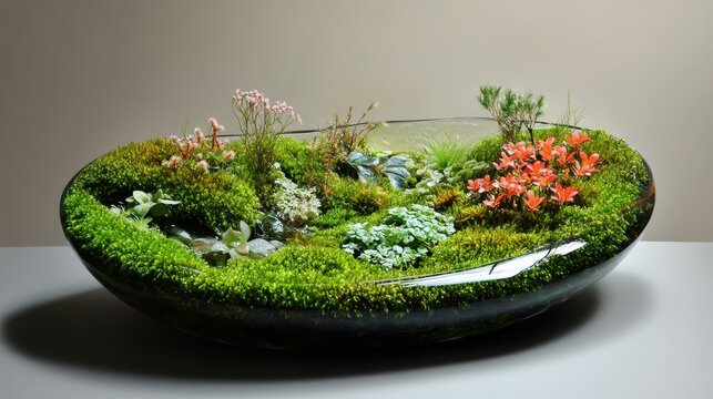 A captivating moss microecosystem showcasing a lush world of tiny flora and sparkling dewdrops