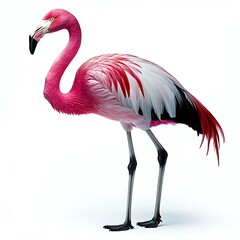 Pink flamingo standing, white background, wildlife photography, zoological illustration