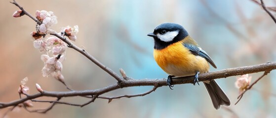 Fototapeta premium Bird on blossom branch, spring nature