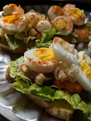 Colorful Vegetables, Eggs, Cheese, Lettuce, Tomato, Onion and Bread Sandwich. Close-up. Healthy lifestyle diet