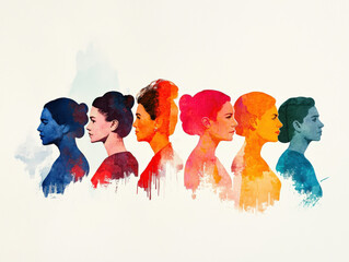 colorful watercolor illustration depicting profiles of influential women, showcasing diversity and strength through vibrant hues and artistic expression