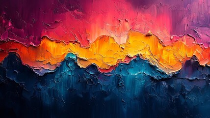 Vibrant Abstract Landscape: Bold colors of sunset blend with textured mountain silhouettes, perfect for modern decor and artistic inspiration.