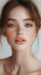 Fototapeta premium Capturing natural beauty with soft hues and radiant skin in an intimate portrait session at home
