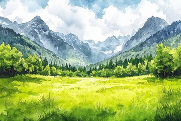 Obraz premium Summer natural landscape with green grass, bushes and trees on meadow in foot of high mountains.