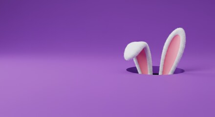 Pink bunny ears peeking from purple hole in playful minimalist design