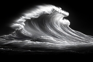 Dramatic black and white image of a powerful ocean wave, crashing against a dark sea.  High contrast and detailed texture showcase the waves raw energy and beauty. © Anatolii