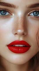 Beauty shines through with bold red lips and captivating blue eyes in soft lighting at a glamorous makeup session
