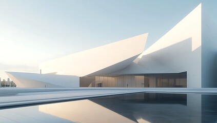 Obraz premium Modern white building sunrise reflection pool city