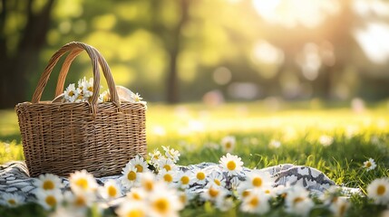 Picnic basket with daisies in a park